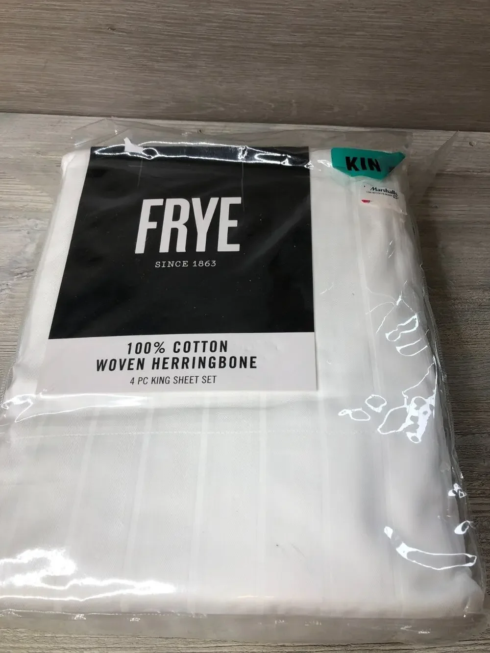 NEW FRYE King Sheet Set 100% Cotton Woven Herringbone 4 PC in White-Original Bag